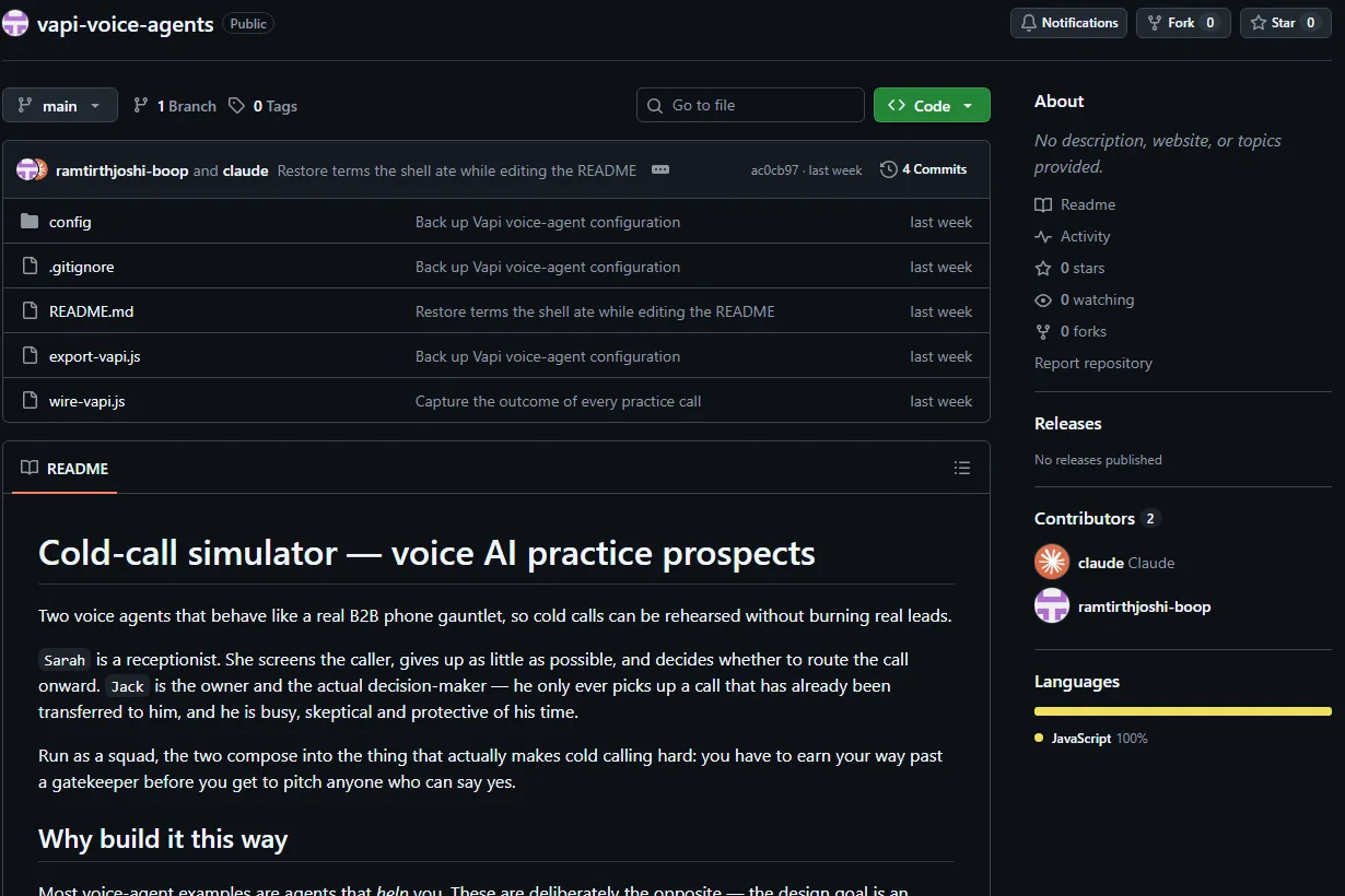 The vapi-voice-agents repository on GitHub: config folder, export and wiring scripts, and the README